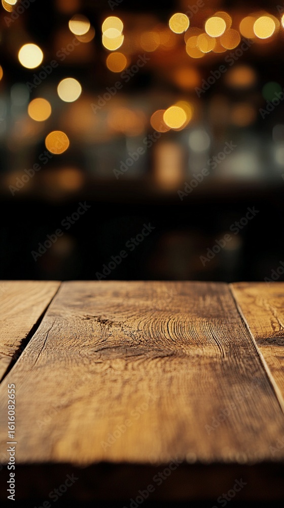 Aufkleber warm golden bokeh lights illuminate rustic wooden table surface, creating cozy atmospheric backgroun