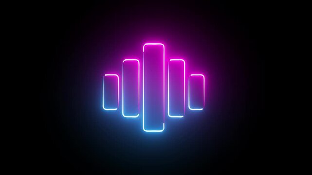 Neon music wave type preloading animation with black background. Voice vibration stereo equalizer, buffering or loading for website or app bold lines.
