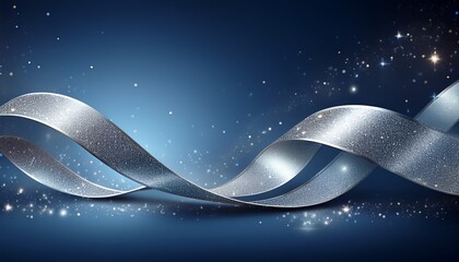 wavy silver ribbon with sparkling glitter on a dark blue gradient background creating a magical effect