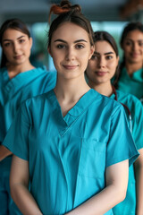 Fototapeta premium A group of medical professionals in teal scrubs stand together, ready to offer their expertise. The dedicated team is focused on providing the best possible patient care in the healthcare setting.