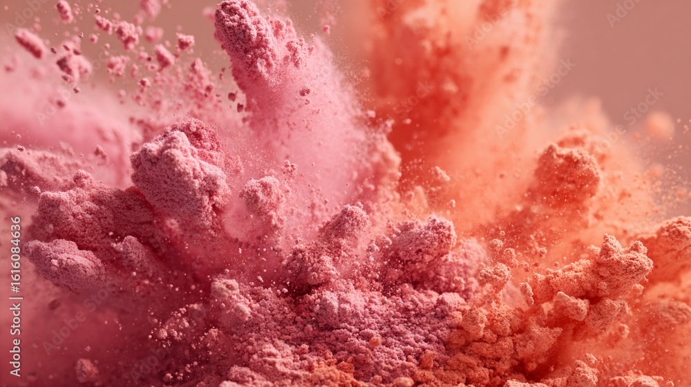 Poster vibrant explosion of pink and red powder creating dynamic, swirling cloud-like formations with intri