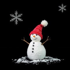 cheerful snowman in hat isolated on black background winter holidays fun dreamlike imagery subconscious exploration bending reality imaginative narratives juxtaposing elements evoking wonder an