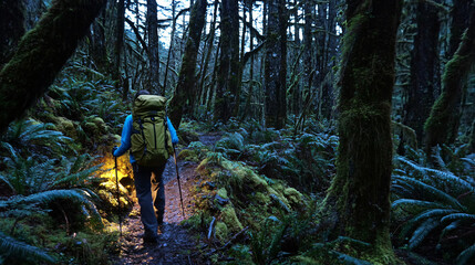 Person walking through a peaceful forest path surrounded by tall trees and natural beauty