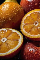 Juicy blood oranges with water droplets
