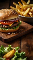 A mouth-watering cheeseburger with fresh lettuce, tomato, and onion, perfectly paired with golden crispy french fries, presented on a rustic wooden board