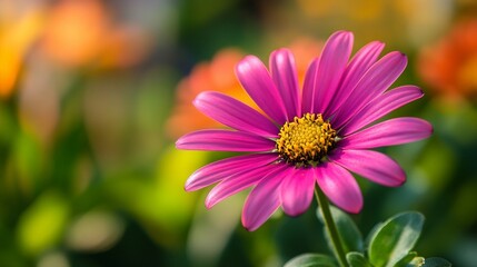 Obraz premium Vibrant pink daisy with golden center blooming in soft focus garden, showcasing delicate petals and rich botanical beauty in natural light