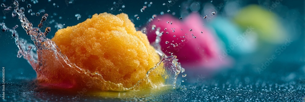 Poster vibrant citrus fruit splashing into water, creating dynamic droplets and ripples with intense color 