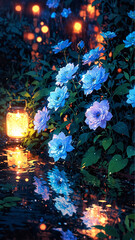 Glowing lotus flowers floating on water at twilight