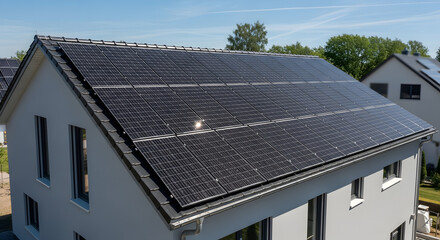 Fototapeta premium Residential Solar Panels on a House Roof Generating Clean Energy for Sustainable Living