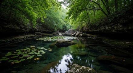 Obraz premium Idyllic forest stream with lily pads and rocky banks evokes tranquility