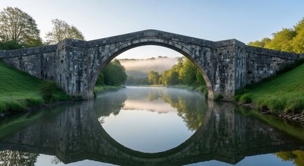 Fototapeta premium Idyllic View of a Stone Bridge with Water Reflection on a Calm Morning