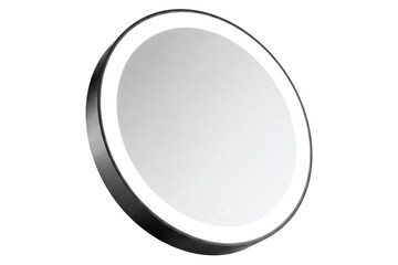 Round black framed bathroom mirror with an LED light and touch switch isolated on a transparent background