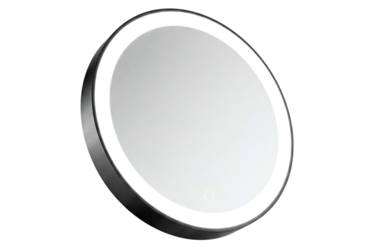 Round black framed bathroom mirror with an LED light and touch switch isolated on a transparent background