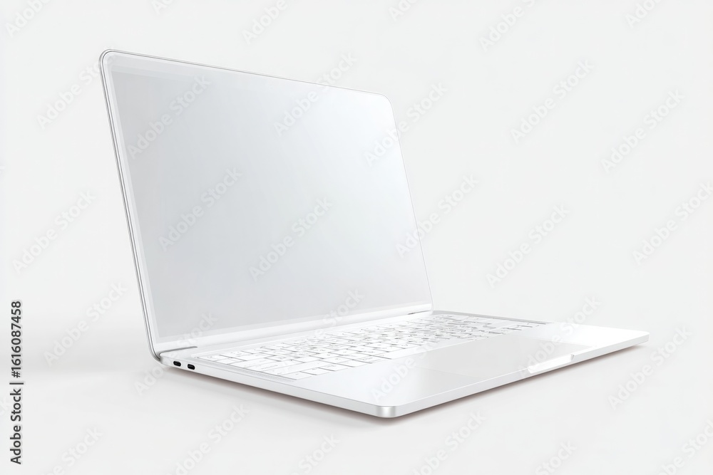 Poster floating 3d laptop model half-opened keyboard visible sleek metallic texture isolated on white backg