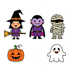 Cute Halloween Cartoon Characters Witch Vampire Mummy Pumpkin and Ghost.