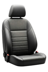 Modern black leather car seat with perforated inserts and headrest isolated on a transparent background
