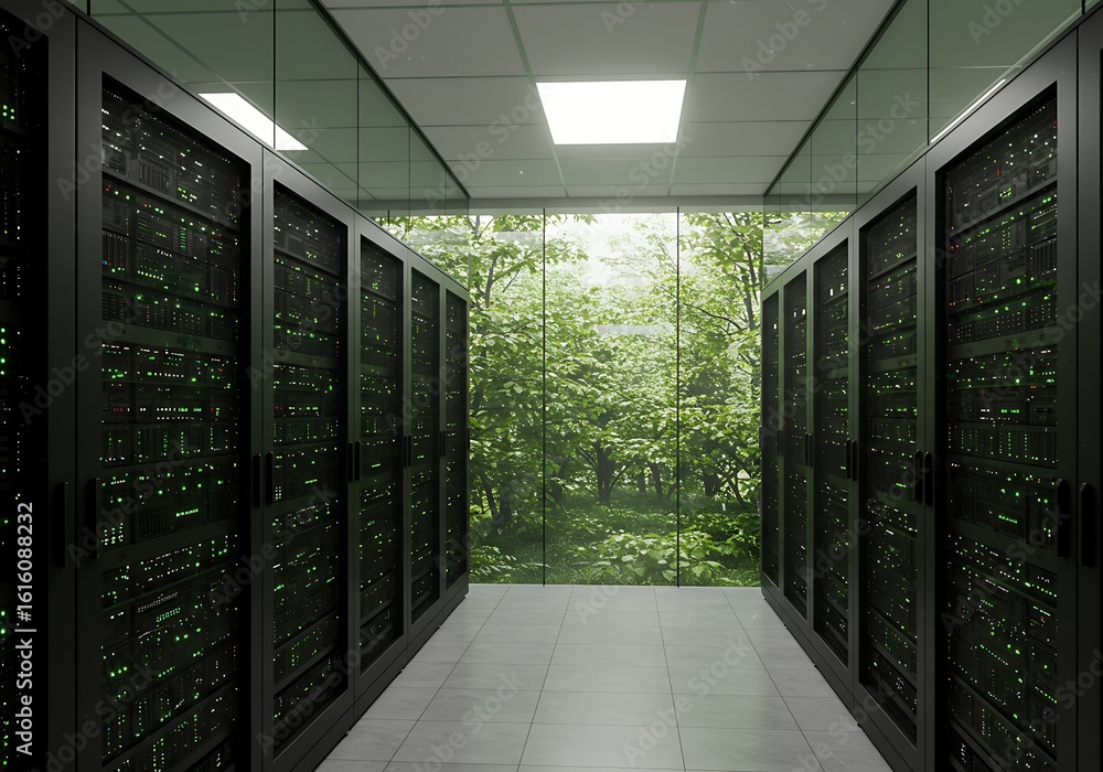 Poster photo of rows of servers in a data center with a view of a green forest