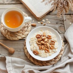 A cup of tea and a bowl of oatmeal topped with nuts sit on a wooden table. A book lies open nearby, suggesting a peaceful morning routine