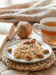 A plate with oatmeal, topped with almonds and walnuts, and a cup of tea rest near an open book. Light streams through the window, creating a peaceful and cozy atmosphere