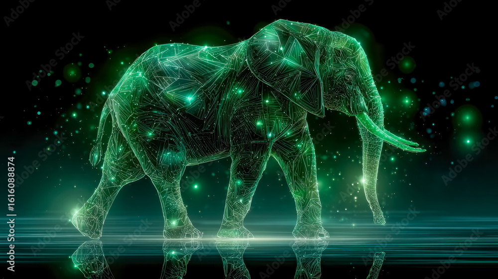 Aufkleber digital hologram of an elegant elephant with illuminated geometric lines and glowing particles