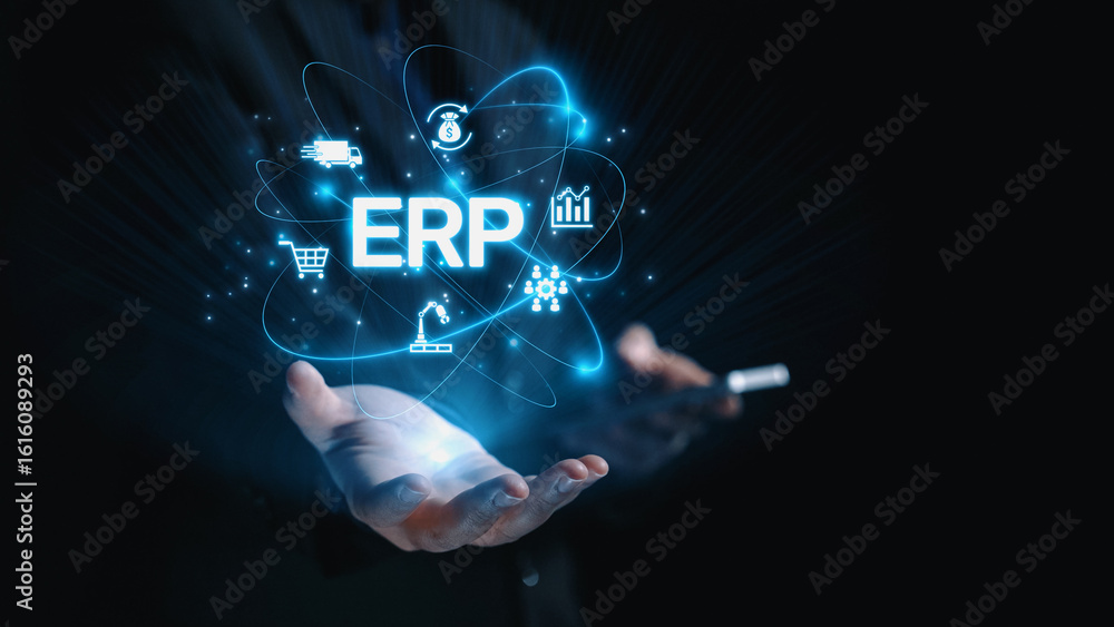 Poster erp platform visual showing centralized system for enterprise resource planning, improving integrati