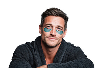 Relaxed Man Wearing Eye Mask Sitting Calmly Against Transparent Background