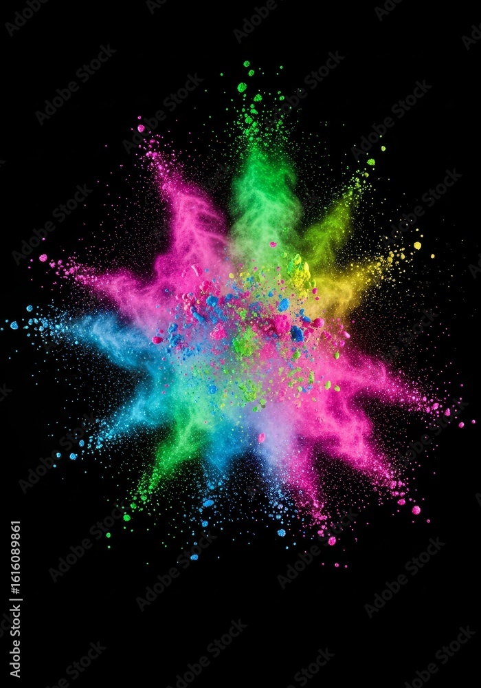 Poster vibrant color powder explosion - a stunning of multicolored powder exploding against a black backgro