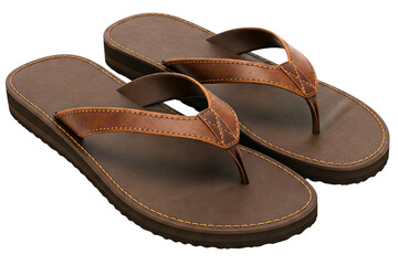 Pair of brown leather flip-flop sandals for summer wear isolated on a transparent background