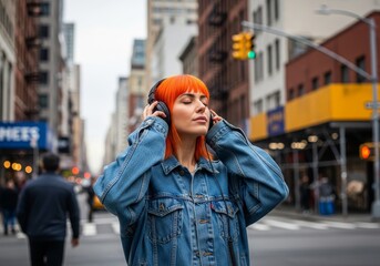 Fototapeta premium Woman Listening to Music in City Street - A young woman with bright orange hair enjoys music with headphones in a bustling city street