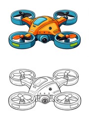 Cartoon Drone Illustration with Color and Line Art Versions