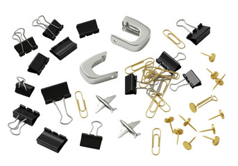 Meticulously arranged flat lay of diverse office stationery: black binder clips, silver clamp, classic silver & golden paper clips, silver airplane clips, golden thumbtacks on a transparent background
