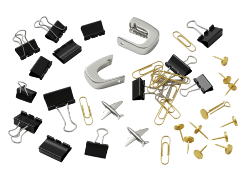Meticulously arranged flat lay of diverse office stationery: black binder clips, silver clamp, classic silver & golden paper clips, silver airplane clips, golden thumbtacks on a transparent background