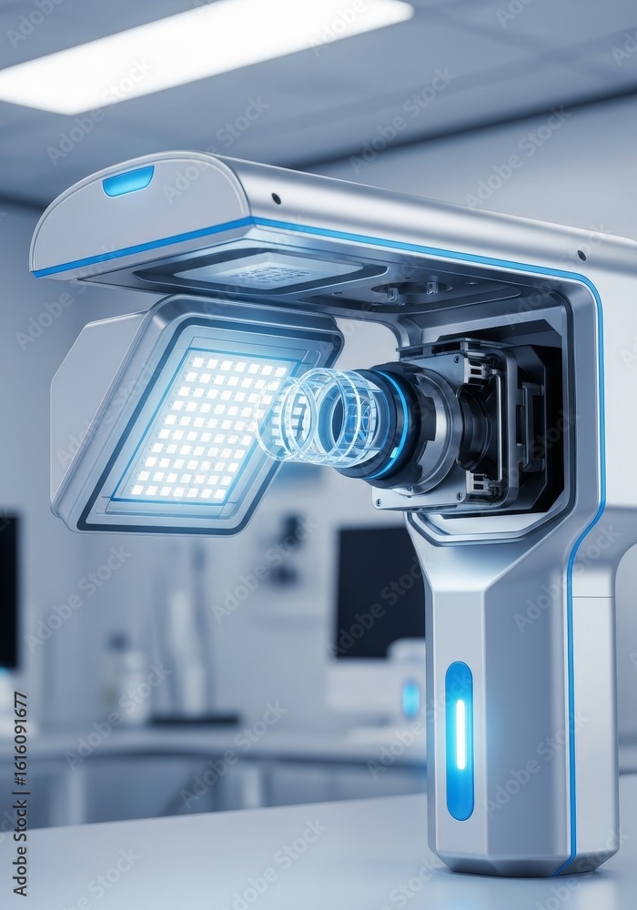 Poster advanced imaging technology device - futuristic medical device with high-tech components, illuminate