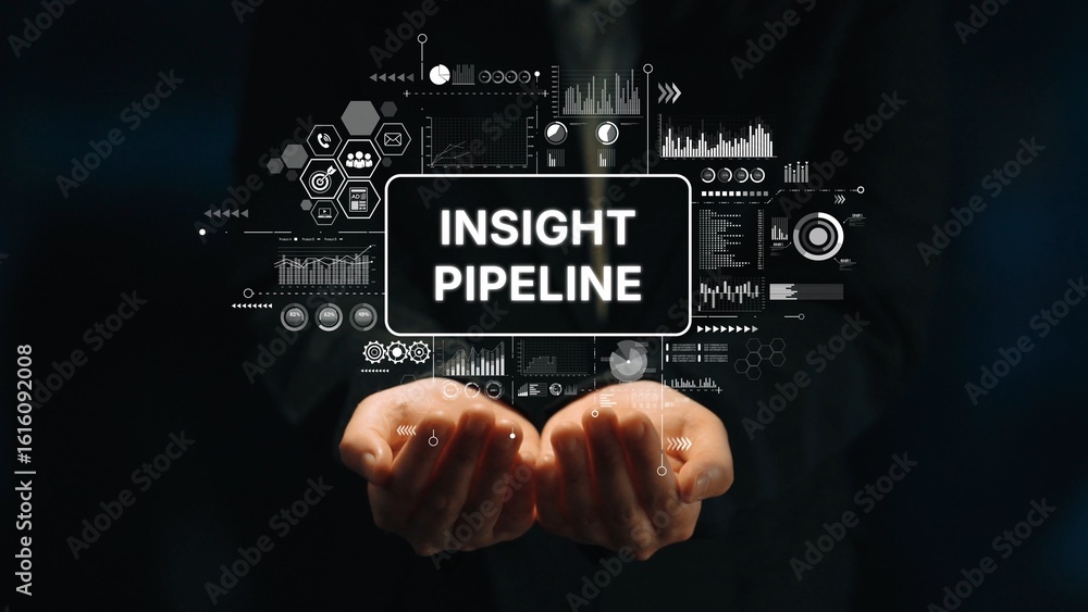 Poster conceptual image of hands holding digital graphics representing data analysis and insight pipeline i