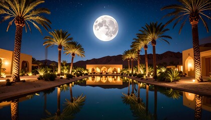 Obraz premium Serene Desert Oasis Under a Full Moon