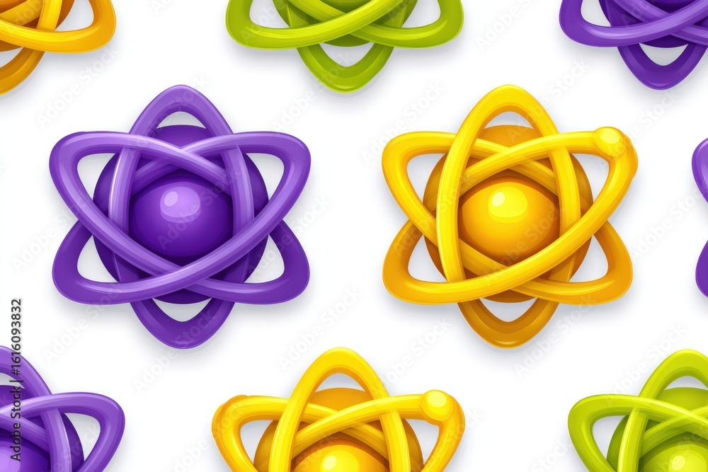 Aufkleber colorful atomic structures featuring purple, yellow, and green orbits arranged in a dynamic pattern 