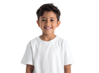 8-year-old Hispanic boy smiling, wearing a white t-shirt mockup, front view isolated on a transparent background.