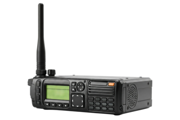 Professional mobile two-way radio transceiver with digital display isolated on a transparent background