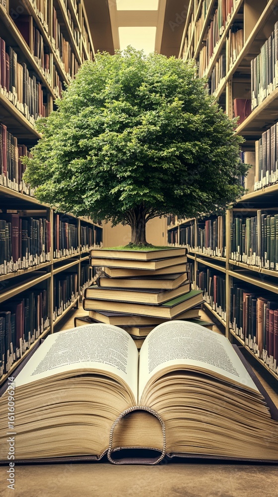 Poster knowledge grows like a tree emerging from stacked books in a library, symbolizing the power of learn