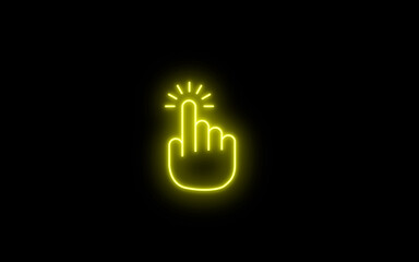 Neon glowing Hand cursor pointer icon on black background. Clicking finger. Computer mouse click symbol. Press or select button. Hand cursor background. Neon Click with hand cursor icon