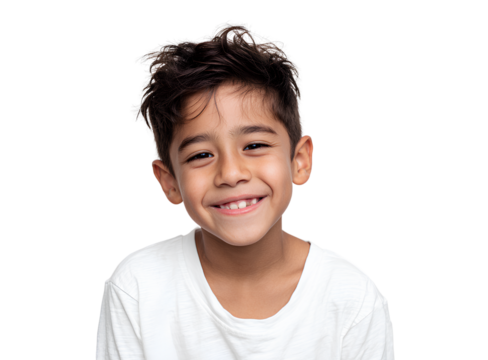 8-year-old Hispanic boy smiling, wearing a white t-shirt mockup, front view isolated on a transparent background.