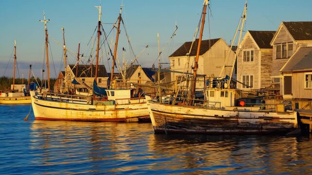Small fishing boats docked beside coastal village, golden hour