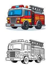 Cartoon Fire Truck Illustration with Line Art Version