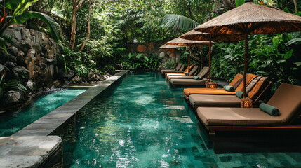 Relaxing pool area with comfortable lounge chairs and colorful umbrellas under bright blue sky