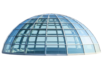 Modern architectural glass dome roof with a metal frame structure isolated on a transparent background