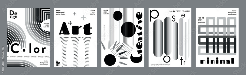 Poster abstract modern monochrome poster template. banner set layouts with dynamic linear round forms, ripp