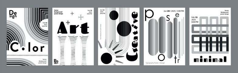 Abstract modern monochrome poster template. Banner set layouts with dynamic linear round forms, rippled texture, simple geometric shapes and forms. Black and white covers design. Vector illustration.