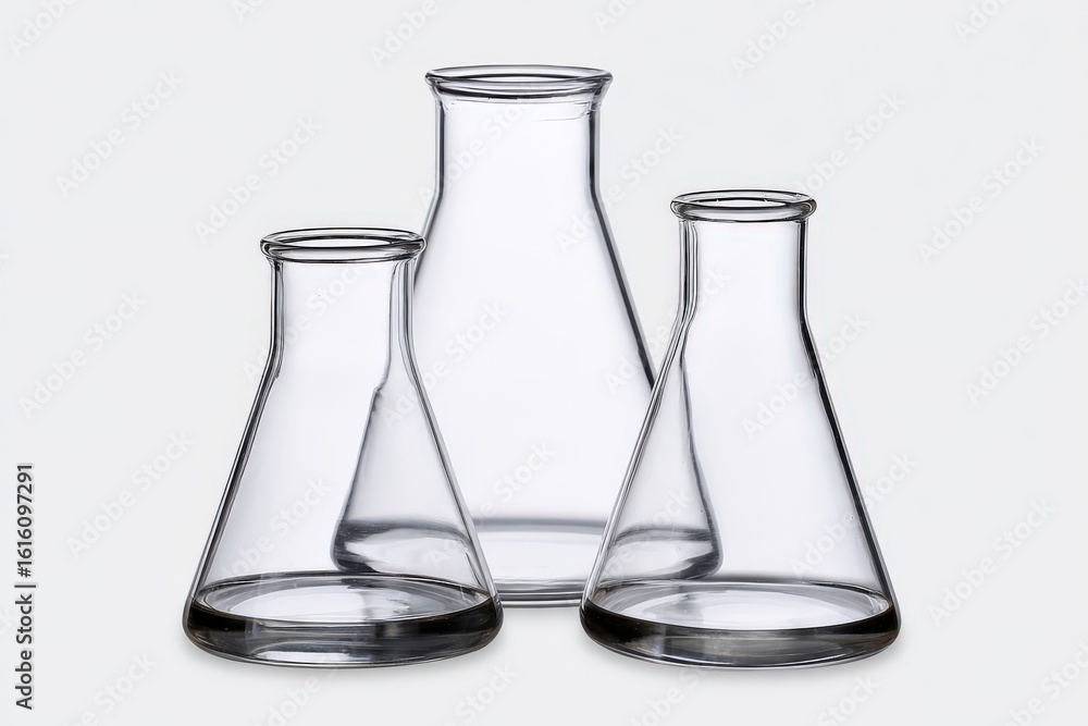 Poster trio of glass laboratory flasks showcasing scientific elegance and versatility in a clean minimalist