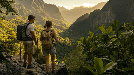 Two adventurous individuals standing proudly on a mountain peak against a stunning sky backdrop