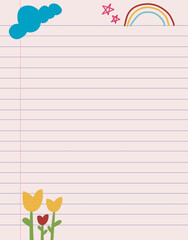 Lined Paper with Cute Rainbow, Flower and Cloud Doodle